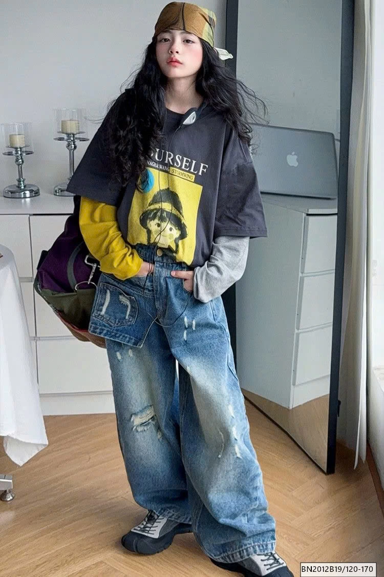 SÉT ÁO THUN CÔ GÁI TAY NỐI MIX QUẦN JEAN RÁCH GỐI