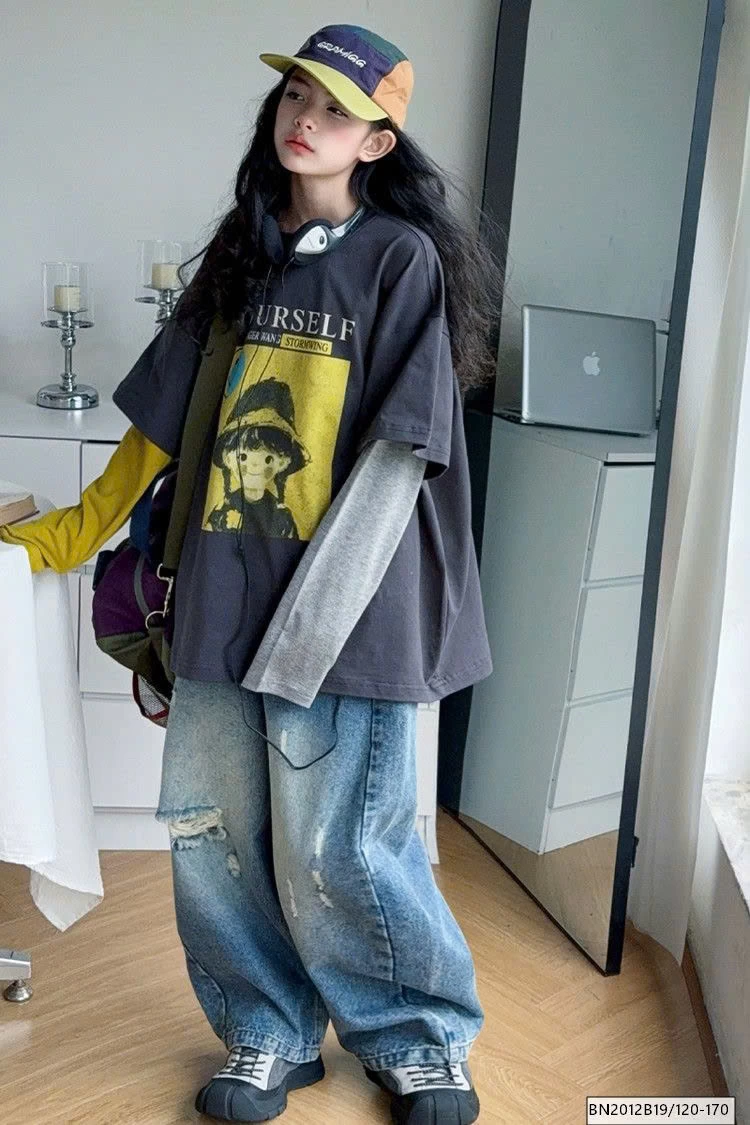 SÉT ÁO THUN CÔ GÁI TAY NỐI MIX QUẦN JEAN RÁCH GỐI