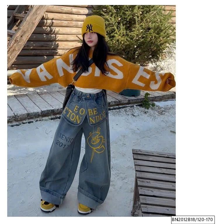 SÉT ÁO LEN CROPTOP MIX QUẦN JEAN CHỮ CÁ TÍNH LÓT LÔNG CỪU