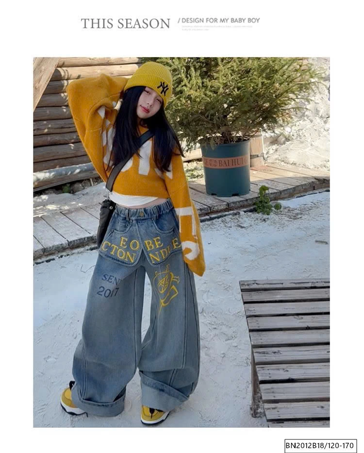 SÉT ÁO LEN CROPTOP MIX QUẦN JEAN CHỮ CÁ TÍNH LÓT LÔNG CỪU