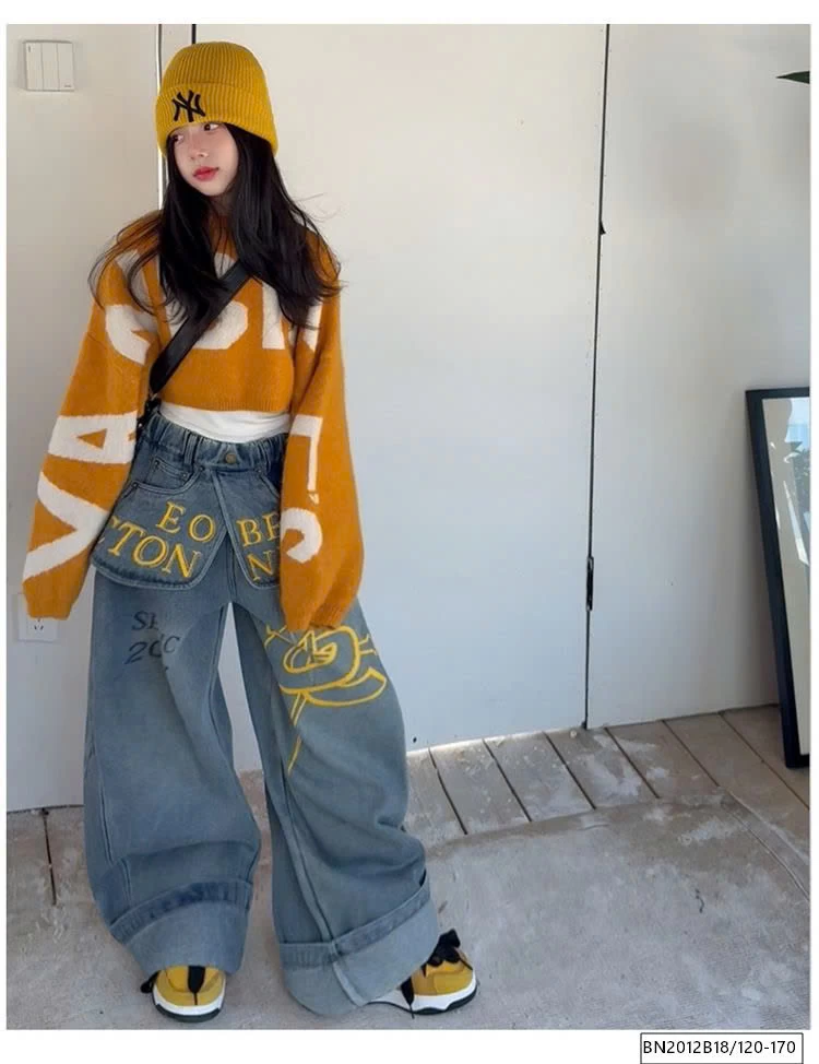 SÉT ÁO LEN CROPTOP MIX QUẦN JEAN CHỮ CÁ TÍNH LÓT LÔNG CỪU