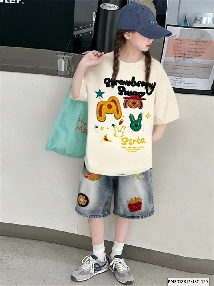 SET ÁO PHÔNG MIX QUẦN SHORT JEAN HÌNH ĐỒ ĂN NHANH