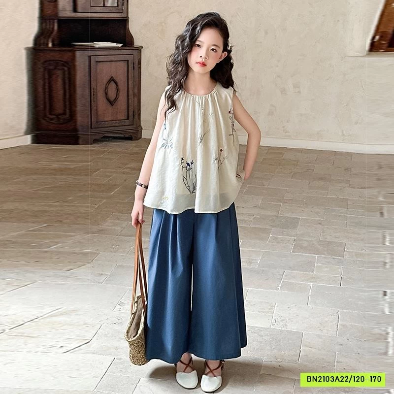 ÁO ĐŨI BABYDOLL THÊU HOA MIX QUẦN ỐNG RỘNG