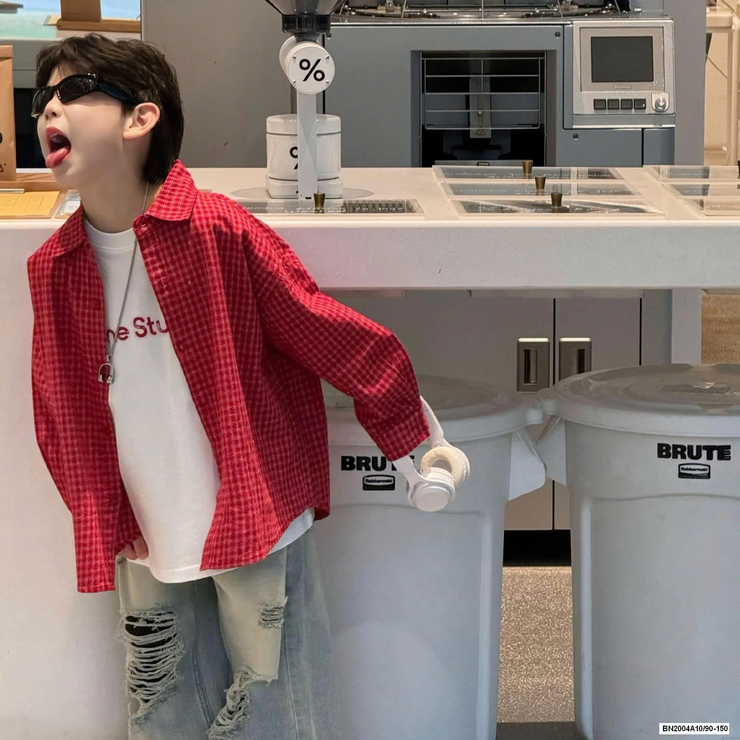 SƠ MI CARO ĐỎ MIX JEANS SUÔNG