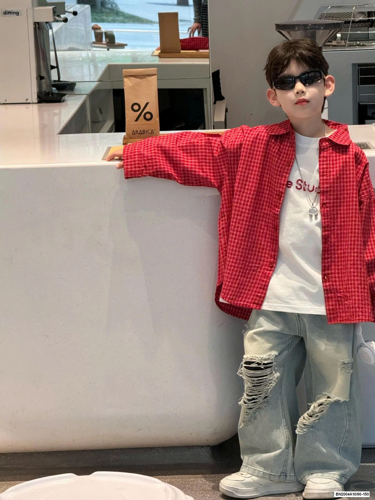 SƠ MI CARO ĐỎ MIX JEANS SUÔNG