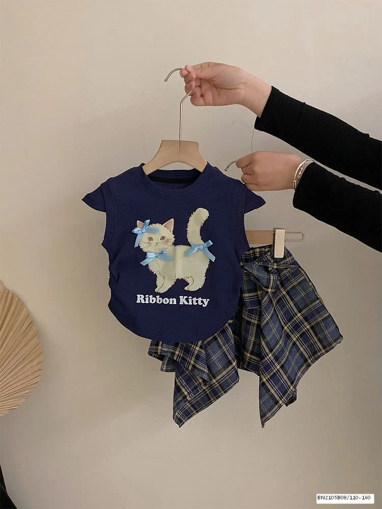 SÉT ÁO THUN CON MÈO MIX CHÂN VÁY CARO BUỘC NƠ