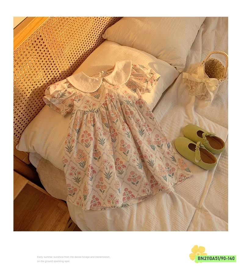 ĐẦM HOA NHÍ TAY BỒNG CỔ SEN TRẮNG