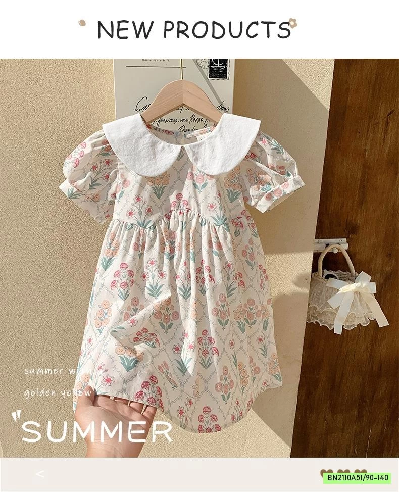 ĐẦM HOA NHÍ TAY BỒNG CỔ SEN TRẮNG