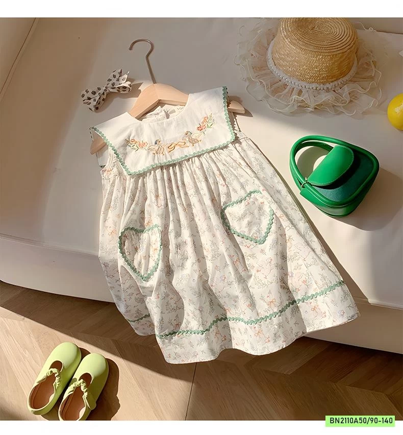 ĐẦM HOA NHÍ XANH CỔ THÊU