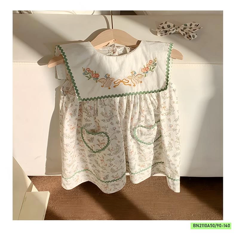 ĐẦM HOA NHÍ XANH CỔ THÊU