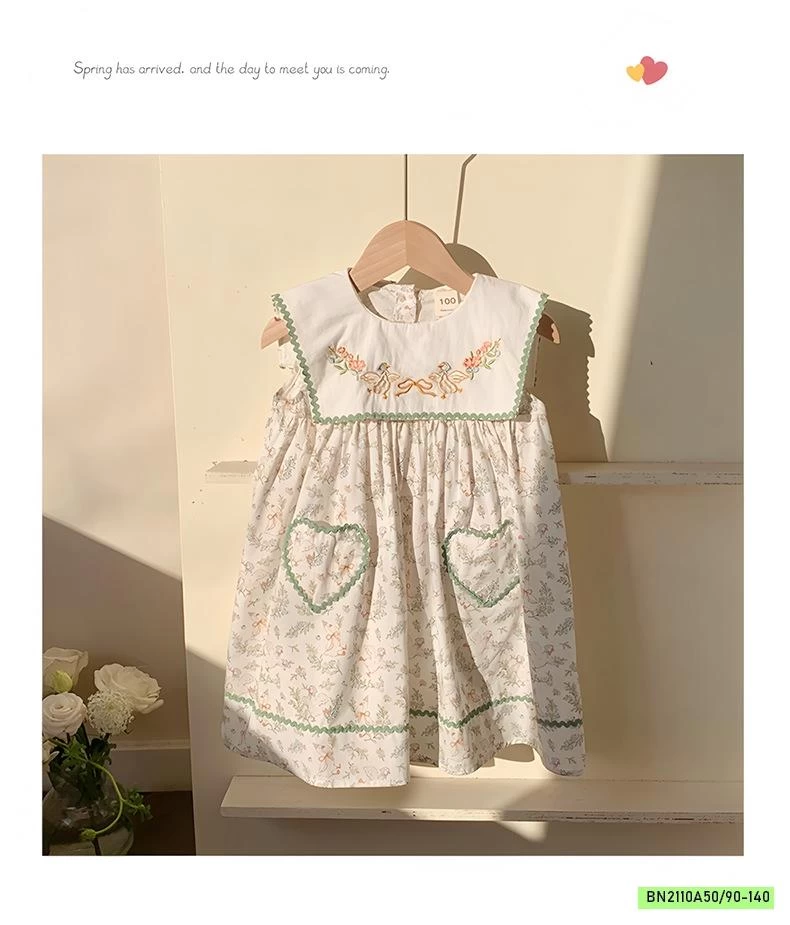 ĐẦM HOA NHÍ XANH CỔ THÊU