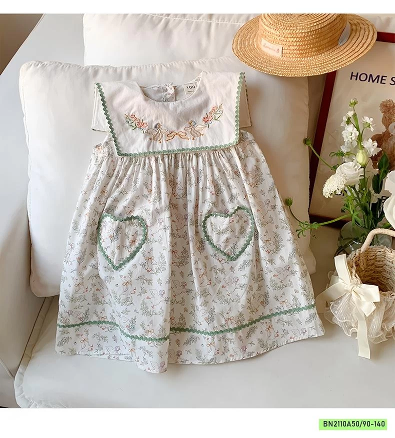 ĐẦM HOA NHÍ XANH CỔ THÊU