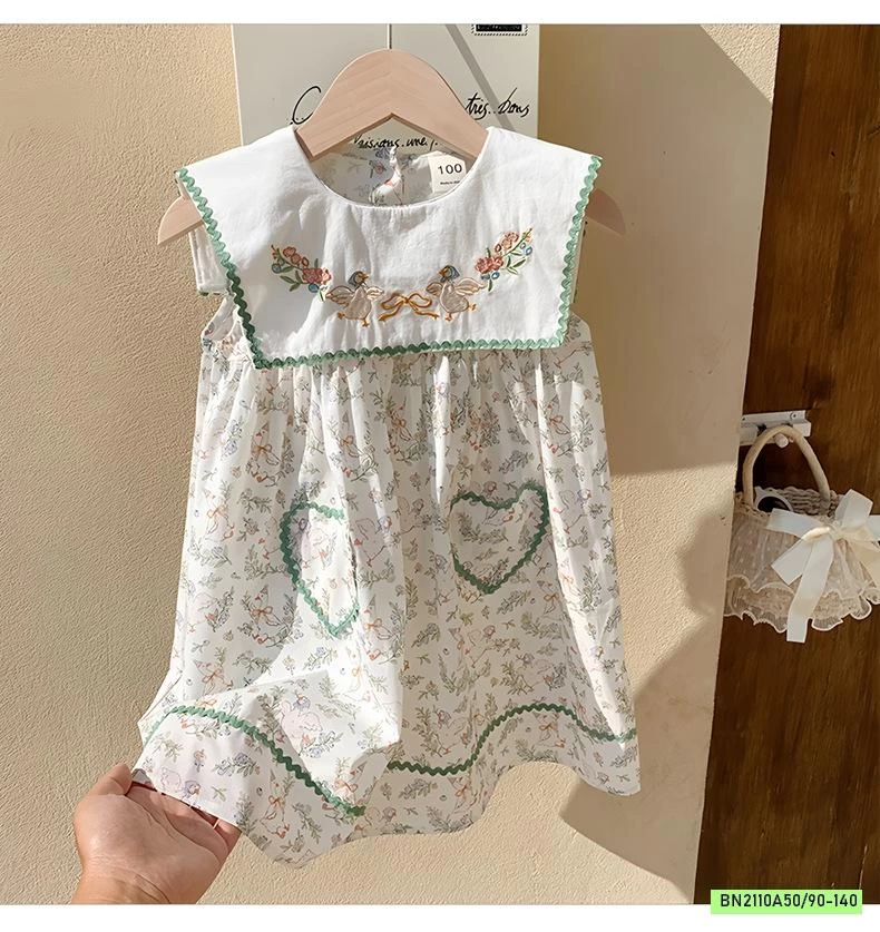 ĐẦM HOA NHÍ XANH CỔ THÊU