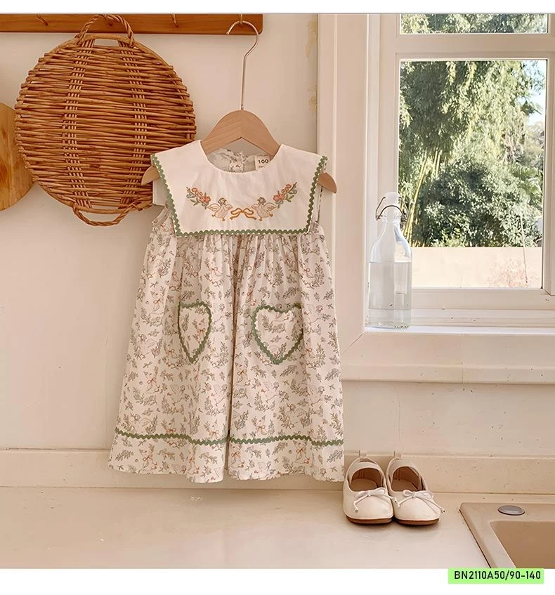 ĐẦM HOA NHÍ XANH CỔ THÊU