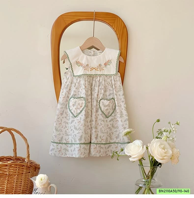 ĐẦM HOA NHÍ XANH CỔ THÊU