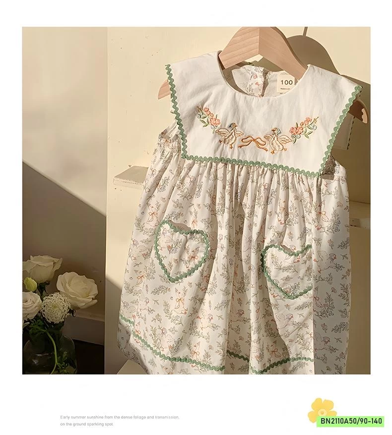 ĐẦM HOA NHÍ XANH CỔ THÊU