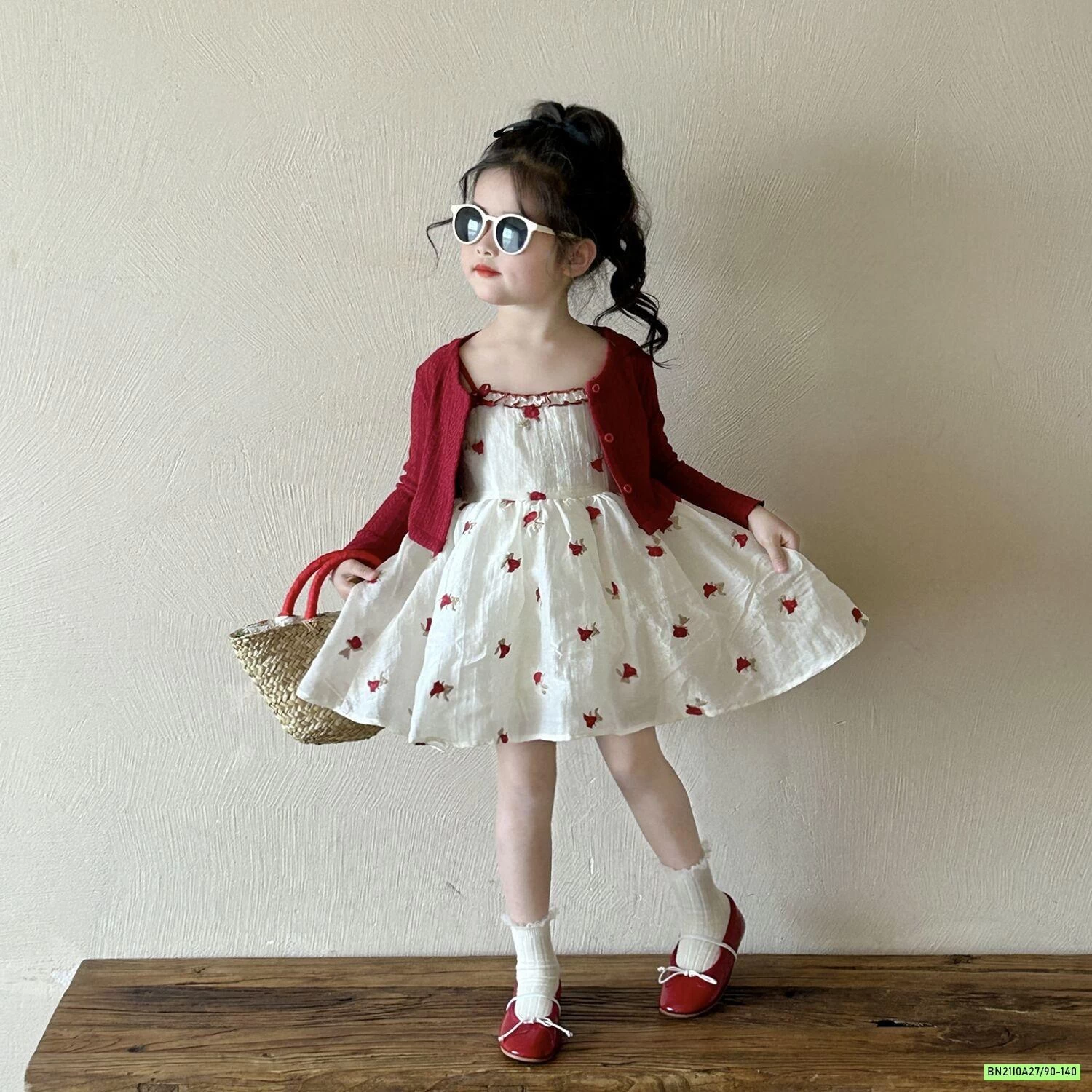 SÉT ĐẦM HOA 2 DÂY+CARDIGAN ĐỎ