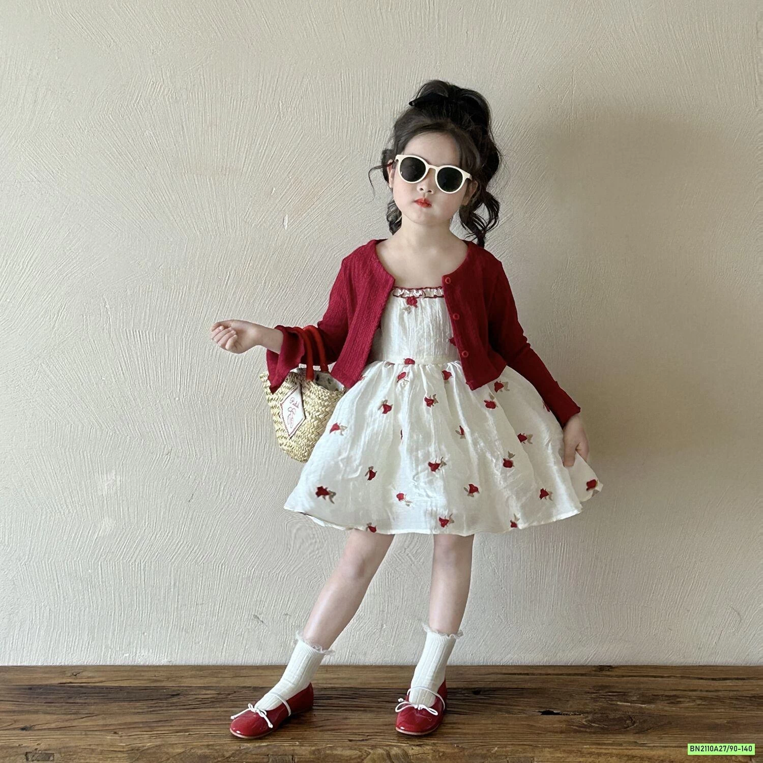 SÉT ĐẦM HOA 2 DÂY+CARDIGAN ĐỎ