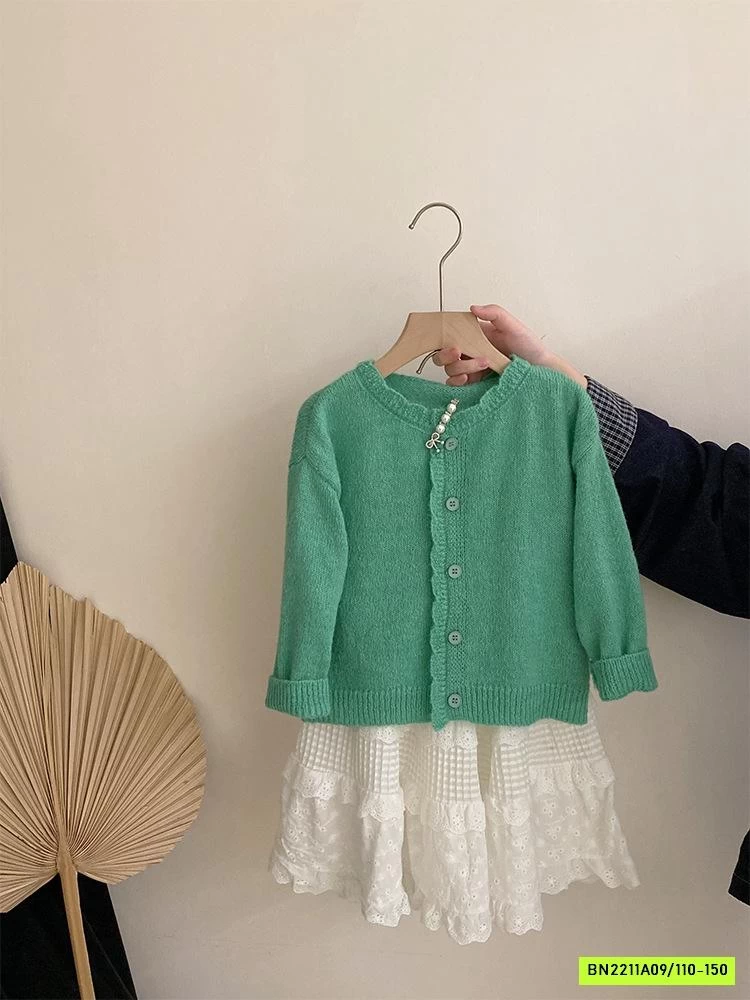 KHOÁC LEN XANH MIX CV TRẮNG DÁNG DÀI