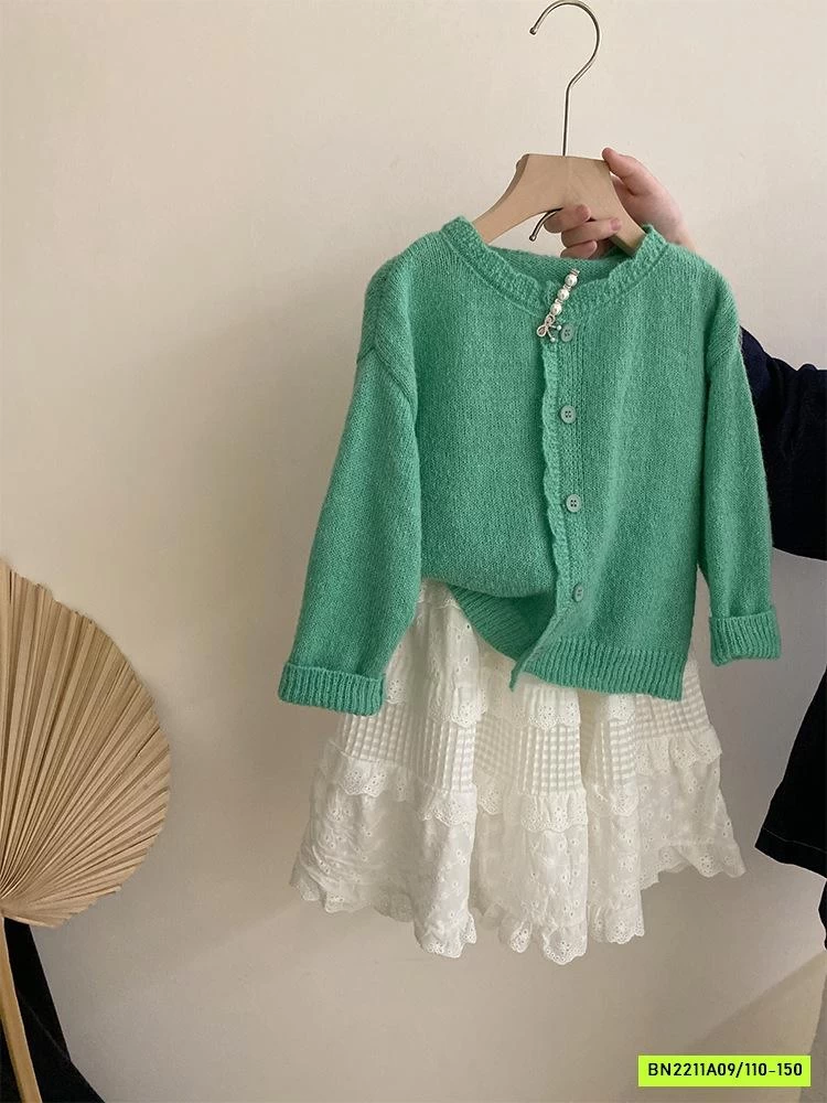 KHOÁC LEN XANH MIX CV TRẮNG DÁNG DÀI