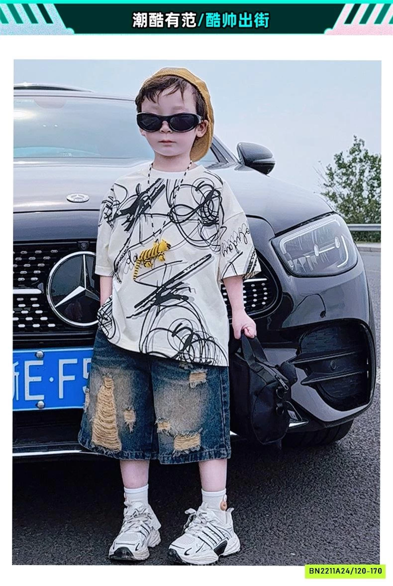 ÁO THUN HỌA TIẾT MIX SHORT JEANS RÁCH