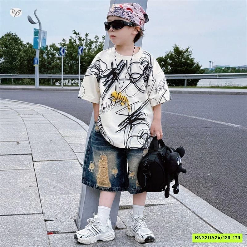 ÁO THUN HỌA TIẾT MIX SHORT JEANS RÁCH