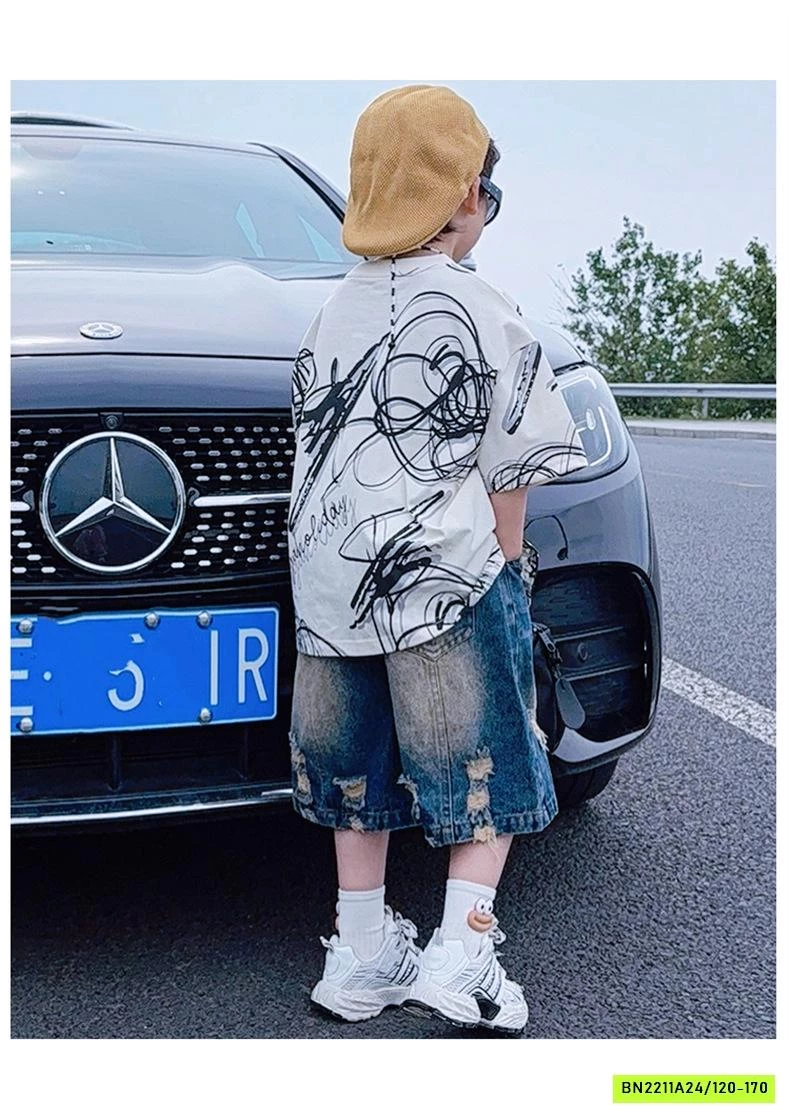 ÁO THUN HỌA TIẾT MIX SHORT JEANS RÁCH