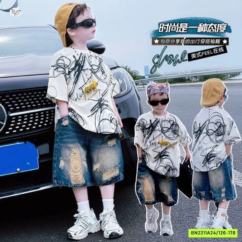 ÁO THUN HỌA TIẾT MIX SHORT JEANS RÁCH