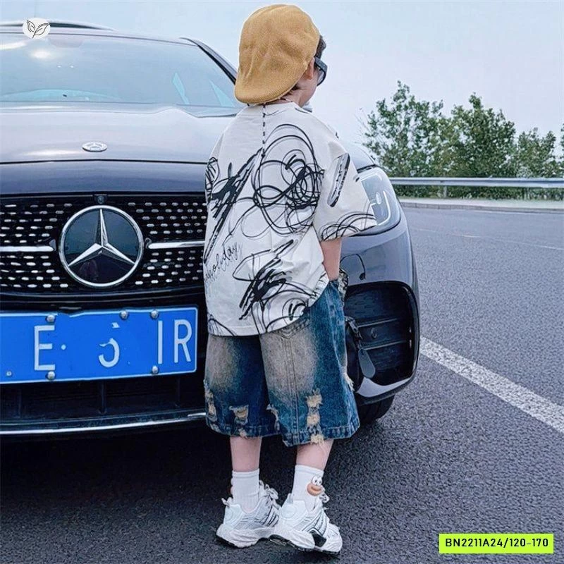 ÁO THUN HỌA TIẾT MIX SHORT JEANS RÁCH