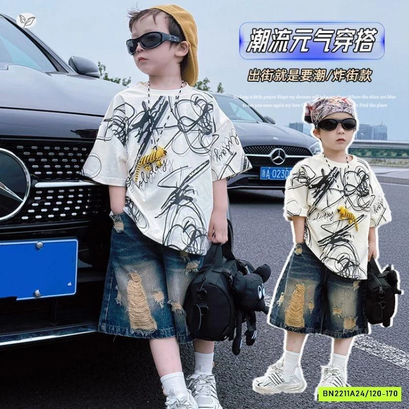 ÁO THUN HỌA TIẾT MIX SHORT JEANS RÁCH