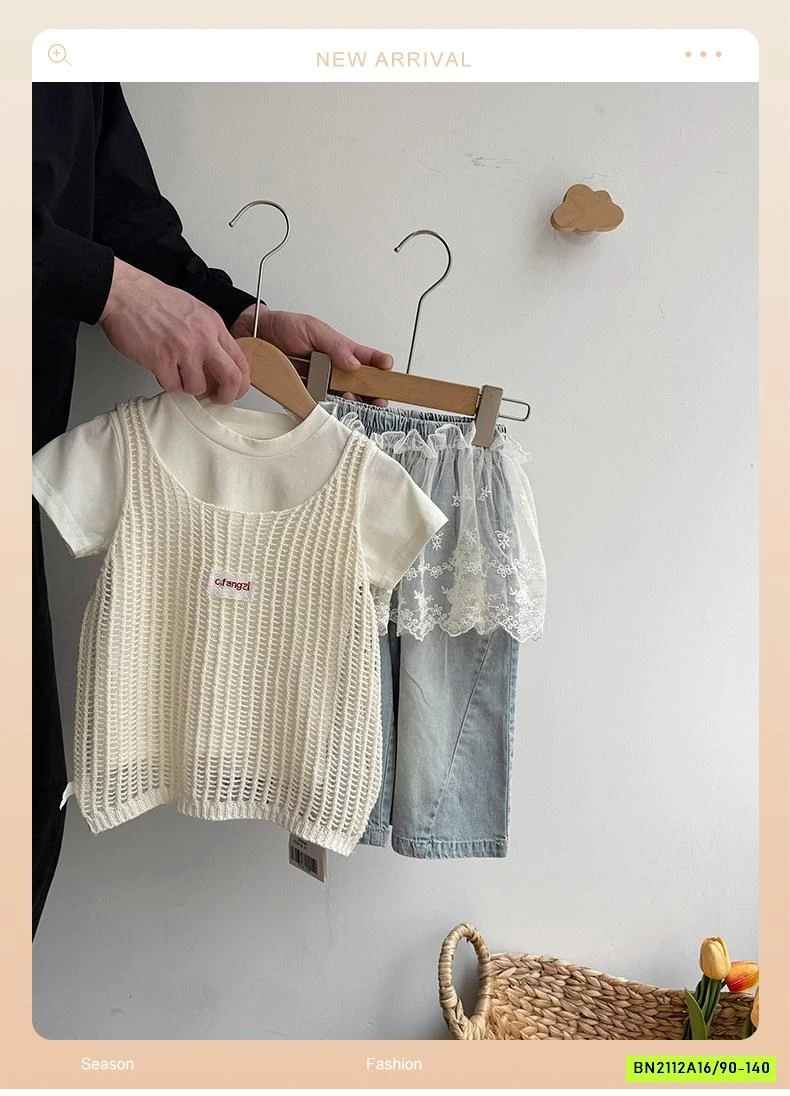 SÉT ÁO LƯỚI MIX JEANS SUÔNG CHOÀNG REN