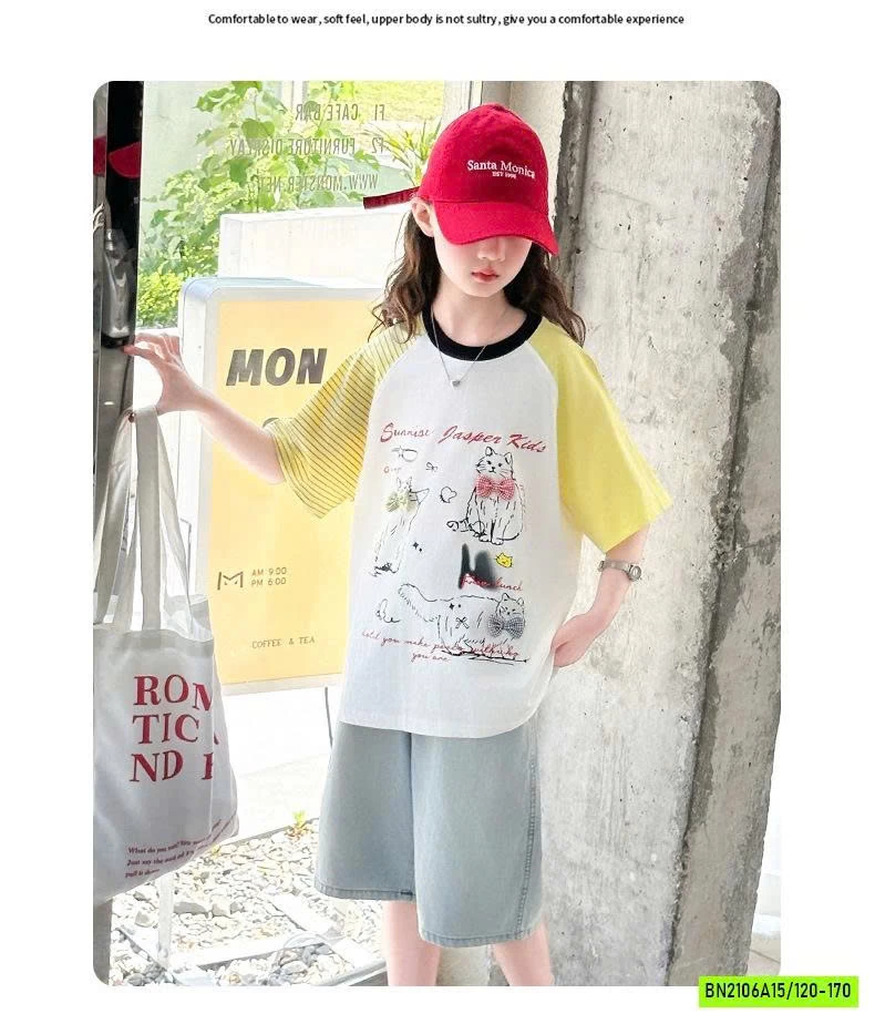 ÁO THUN VÀNG PHỐI MÀU TAY MIX JEANS LỬNG