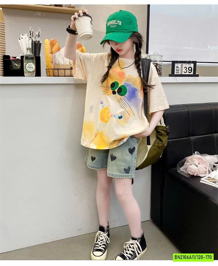 ÁO THUN MÈO LONG MIX SHORT TRÁI TYM