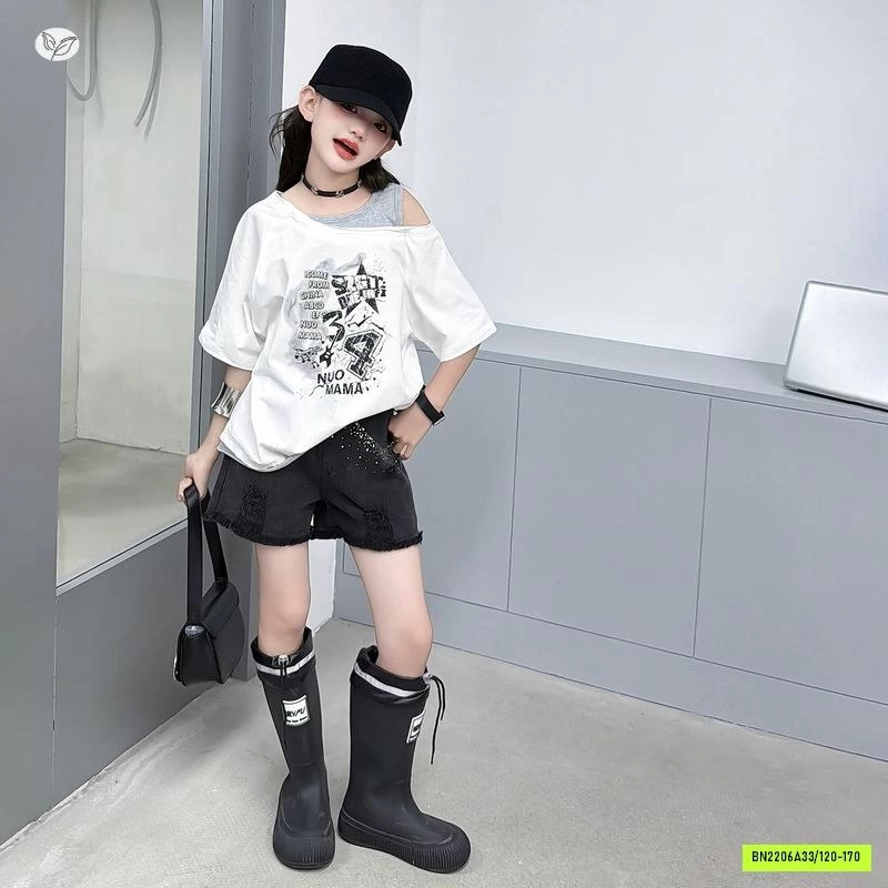 ÁO THUN TRỄ VAI MIX SHORT ĐEN
