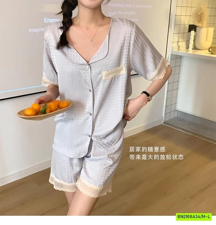 PIZAMA LỤA NHÁM VIỀN REN NỘI ĐỊA NỮ