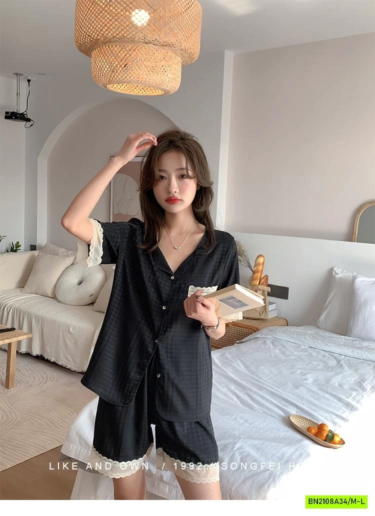 PIZAMA LỤA NHÁM VIỀN REN NỘI ĐỊA NỮ