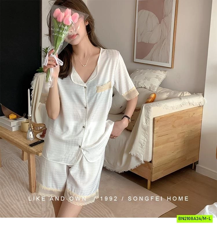 PIZAMA LỤA NHÁM VIỀN REN NỘI ĐỊA NỮ