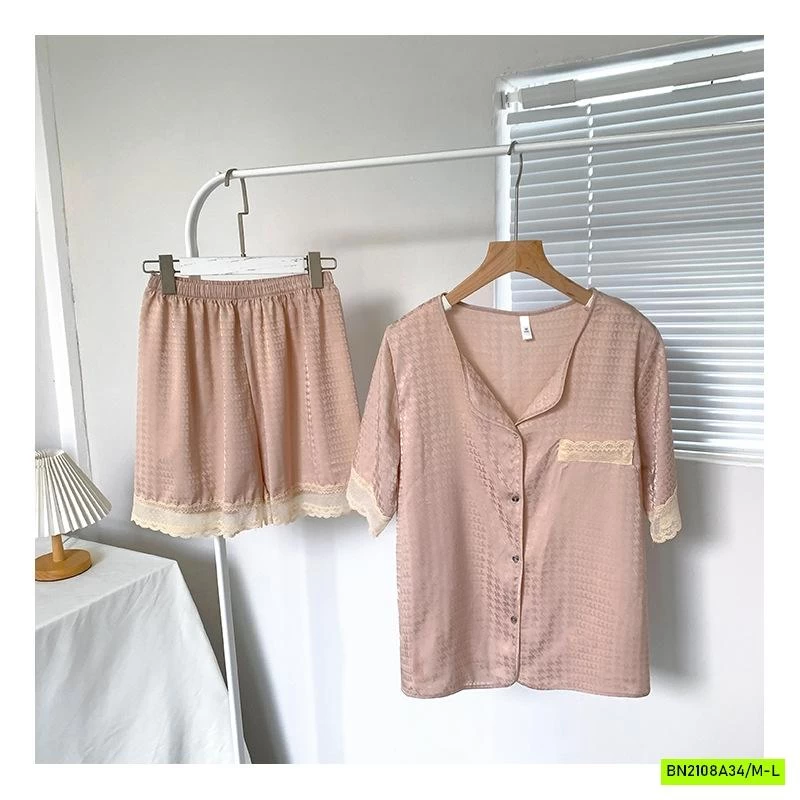 PIZAMA LỤA NHÁM VIỀN REN NỘI ĐỊA NỮ