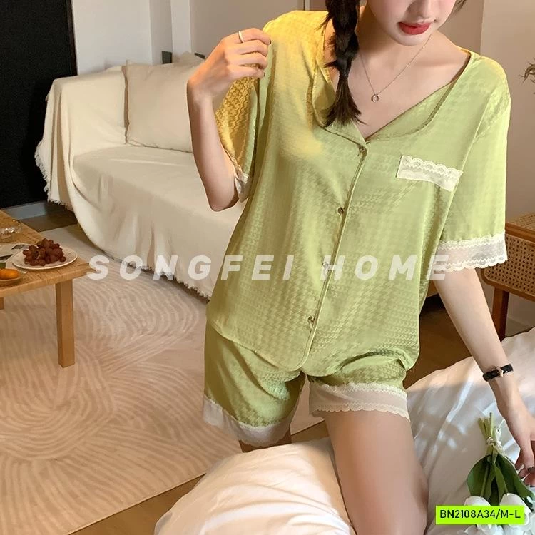 PIZAMA LỤA NHÁM VIỀN REN NỘI ĐỊA NỮ