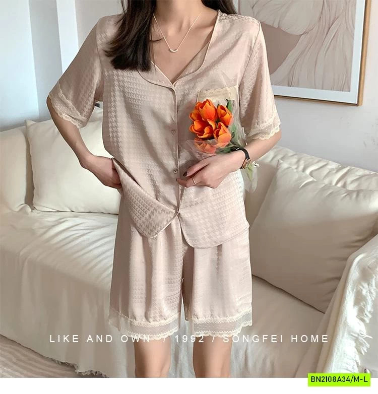 PIZAMA LỤA NHÁM VIỀN REN NỘI ĐỊA NỮ