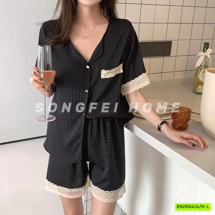 PIZAMA LỤA NHÁM VIỀN REN NỘI ĐỊA NỮ