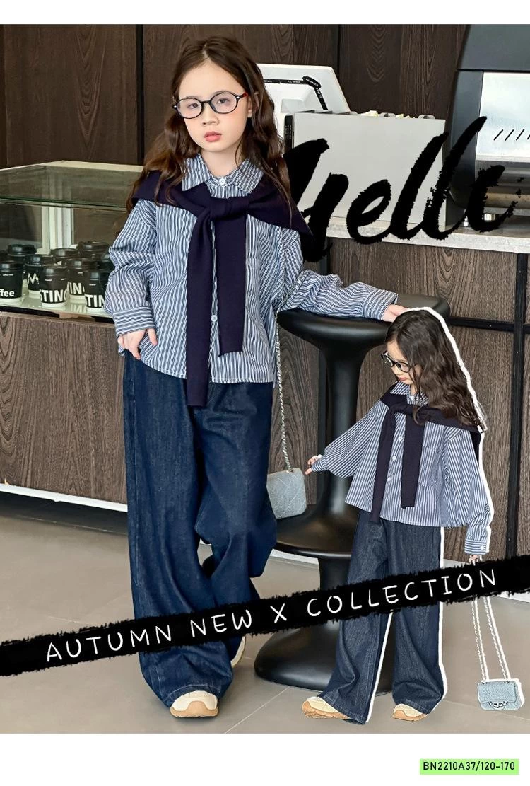 SƠ MI SỌC KÈM KHĂN MIX JEANS SUÔNG