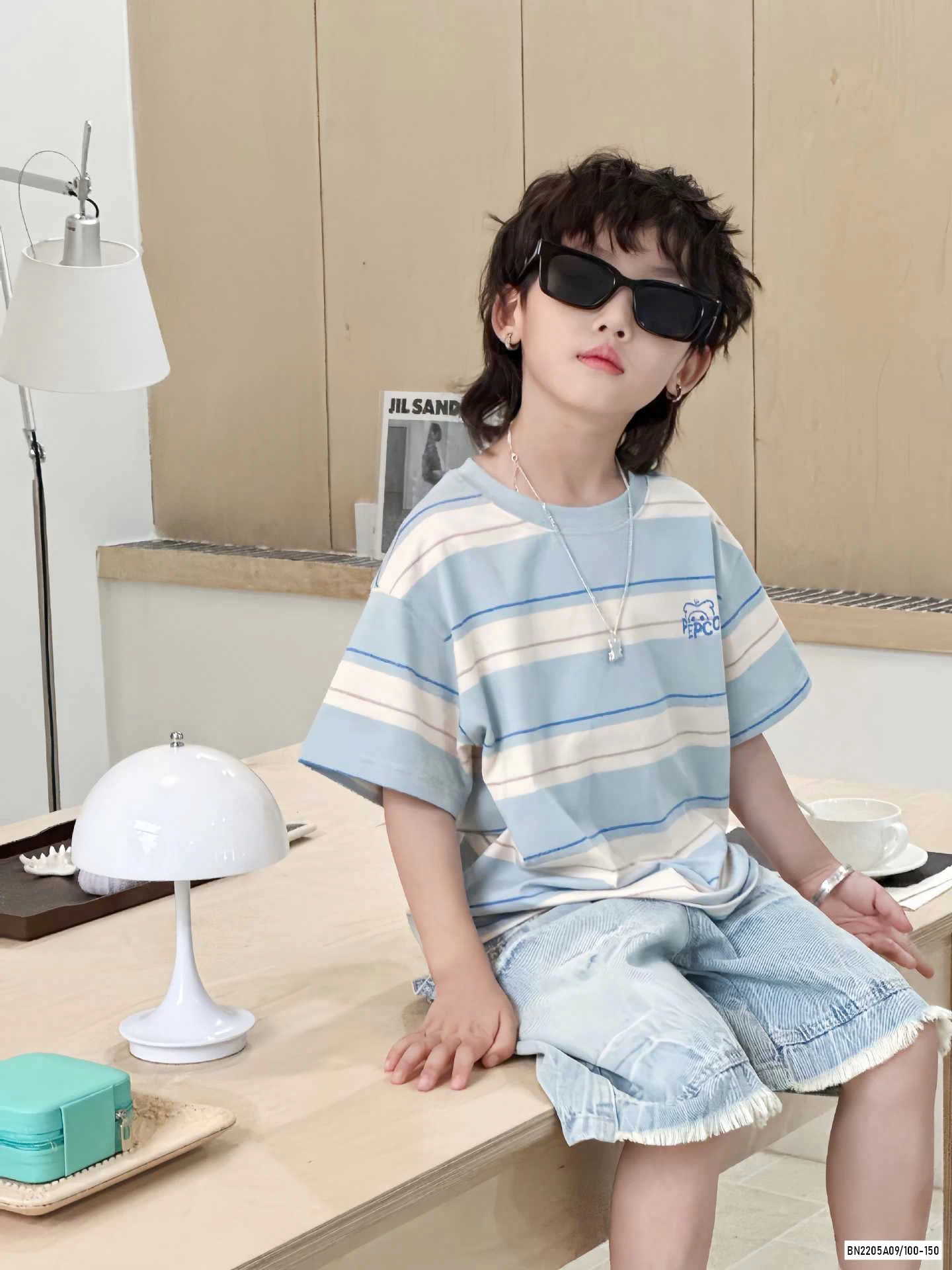 ÁO KẺ XANH MIX SHORT JEANS TUA GẤU