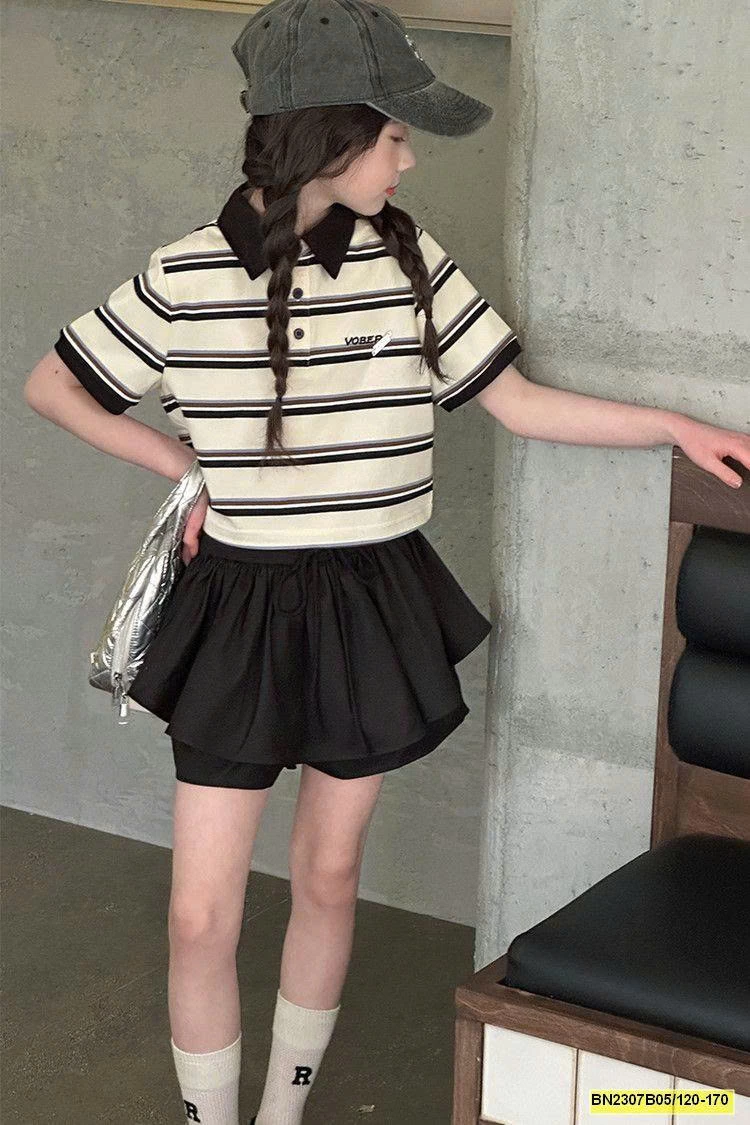 SÉT POLO KẺ MIX QUẦN VÁY ĐEN