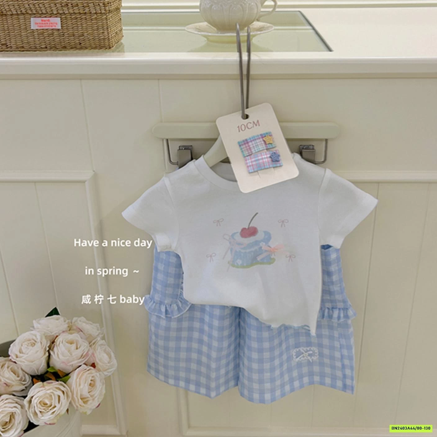 ÁO THUN BÁNH NGỌT MIX QUẦN CARO XANH TBABY