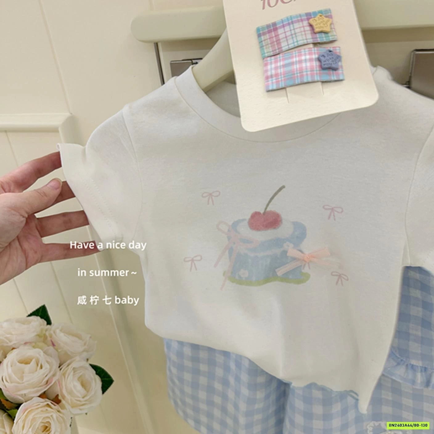 ÁO THUN BÁNH NGỌT MIX QUẦN CARO XANH TBABY