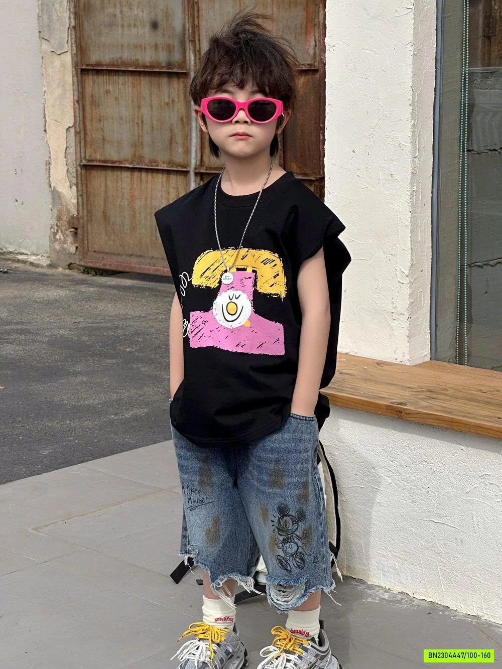 TANKTOP ĐEN MIX SHORT MICKEY RÁCH GẤU AFTE