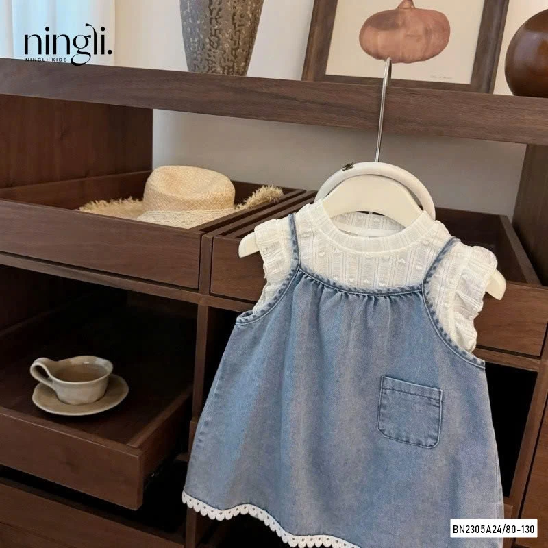 SÉT ĐẦM JEANS 2 DÂY ÁO REN