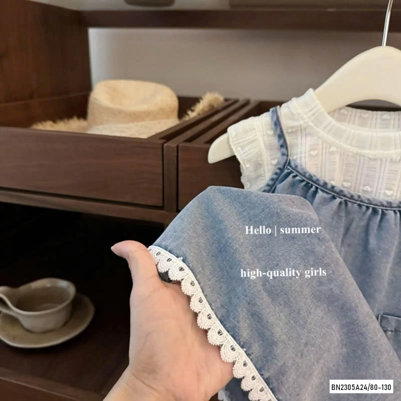 SÉT ĐẦM JEANS 2 DÂY ÁO REN