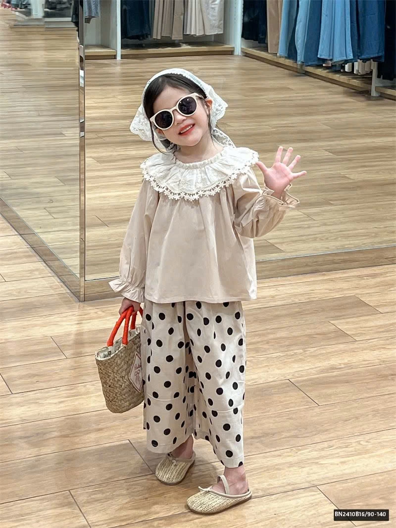 SÉT ÁO THÔ CỔ REN MIX QUẦN CHẤM BI HÀN QUỐC